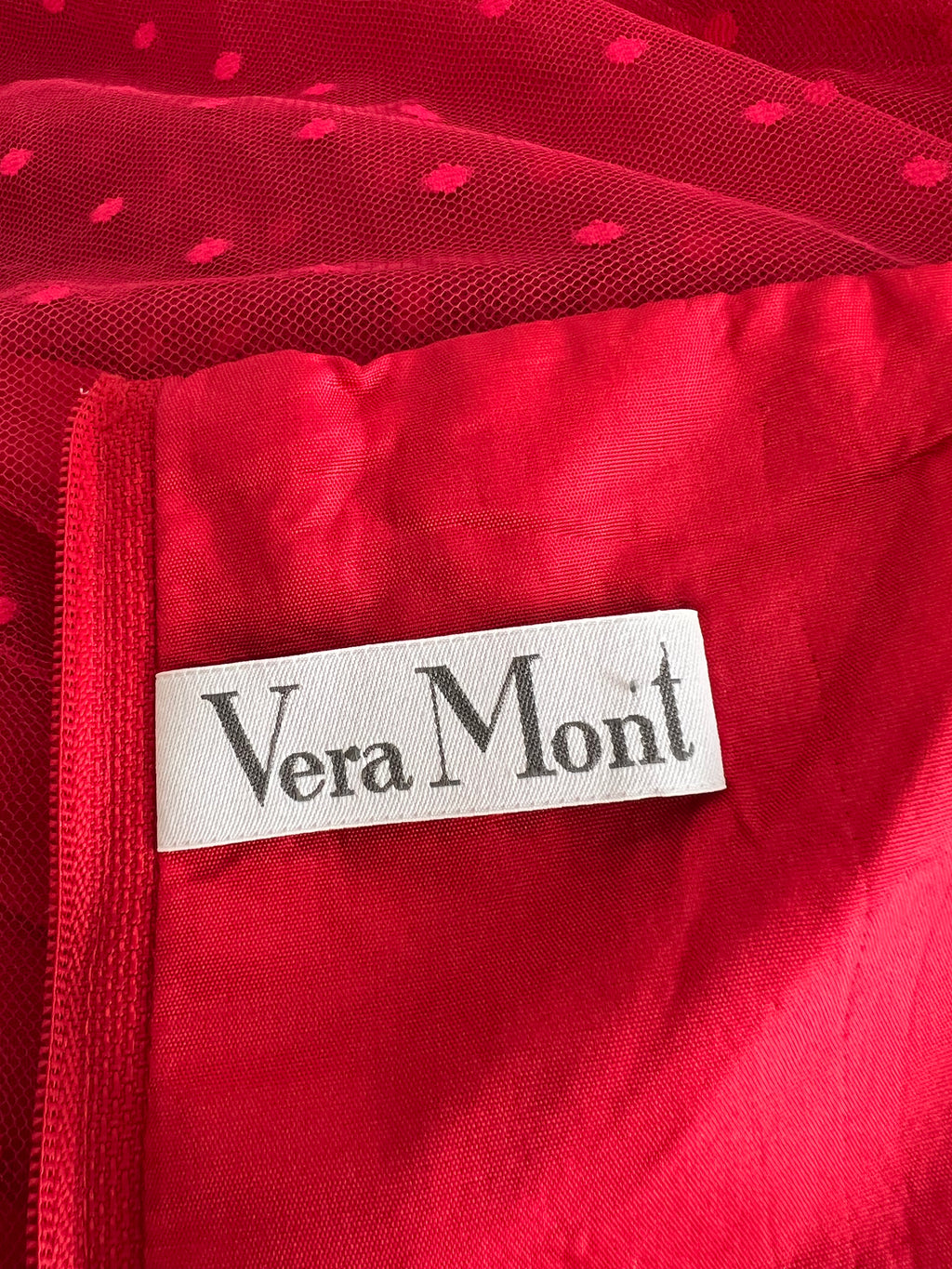 1980s VERA MONT Red Strapless Tulle Dress-Vintage Polka Dot Tiered Ruffle Midi Dress