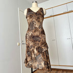 1990s Leopard Print Midi Slip Dress-Asymmetrical Hem Fairycore Dress