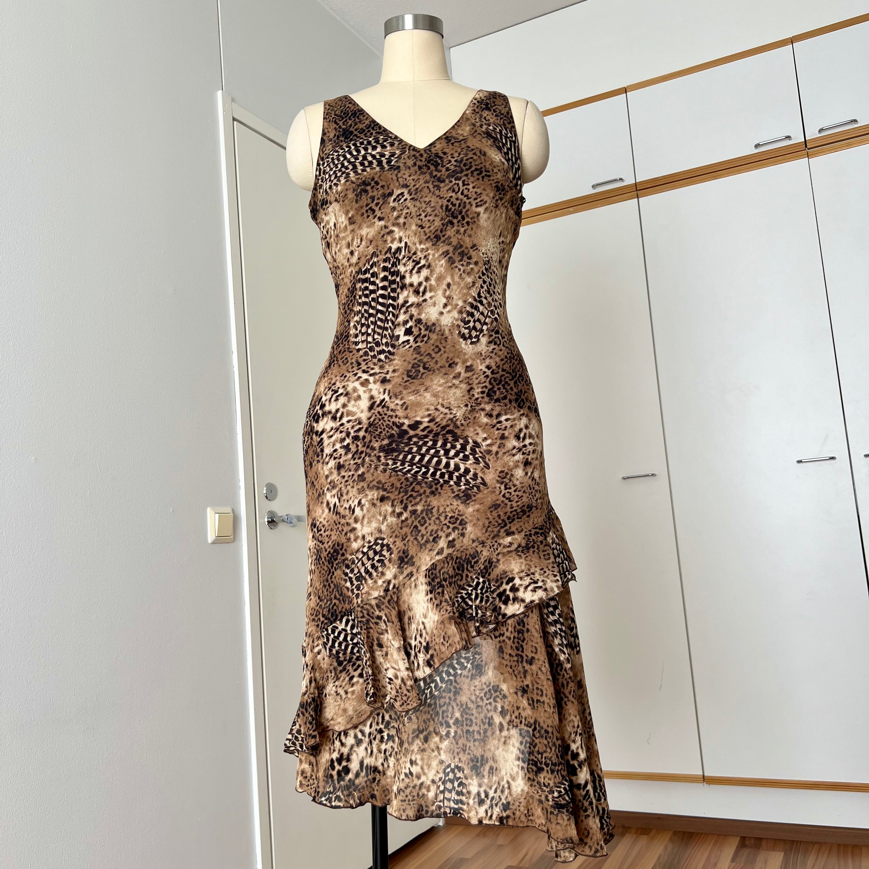 1990s Leopard Print Midi Slip Dress-Asymmetrical Hem Fairycore Dress