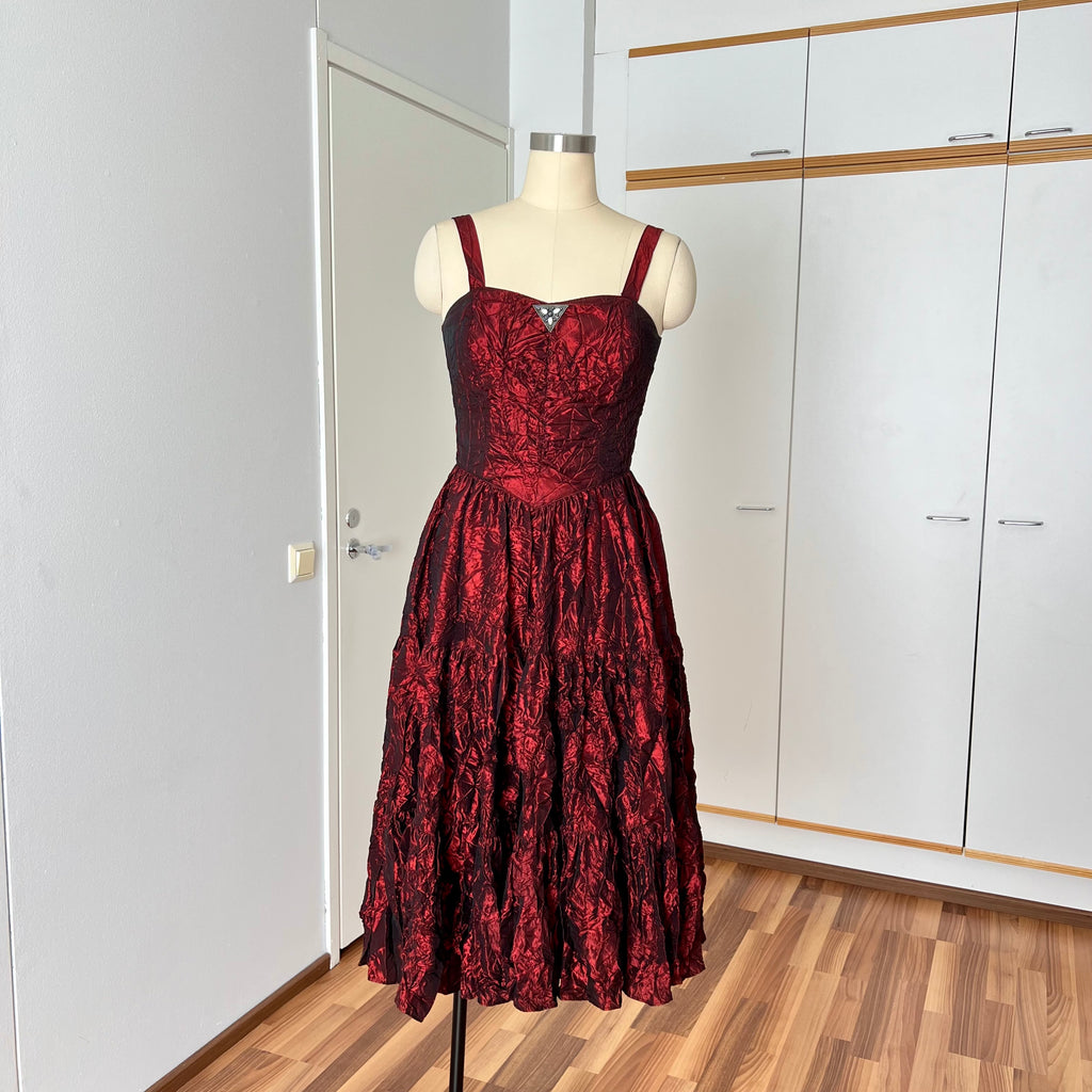 1980s RADAR Red Metallic Prom Dress-Whimsygoth Taffetta Party Dress