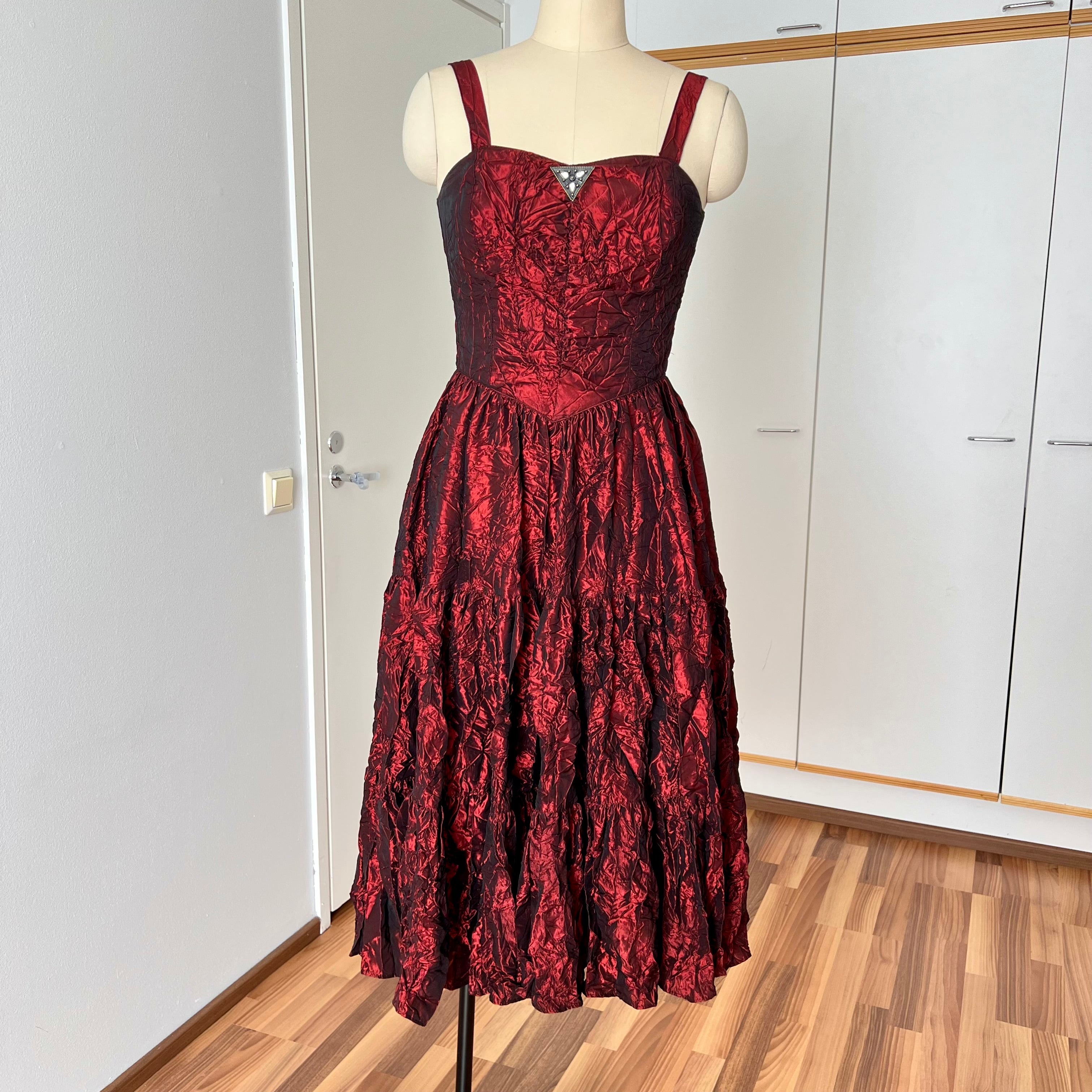 1980s RADAR Red Metallic Prom Dress-Whimsygoth Taffetta Party Dress EU 38