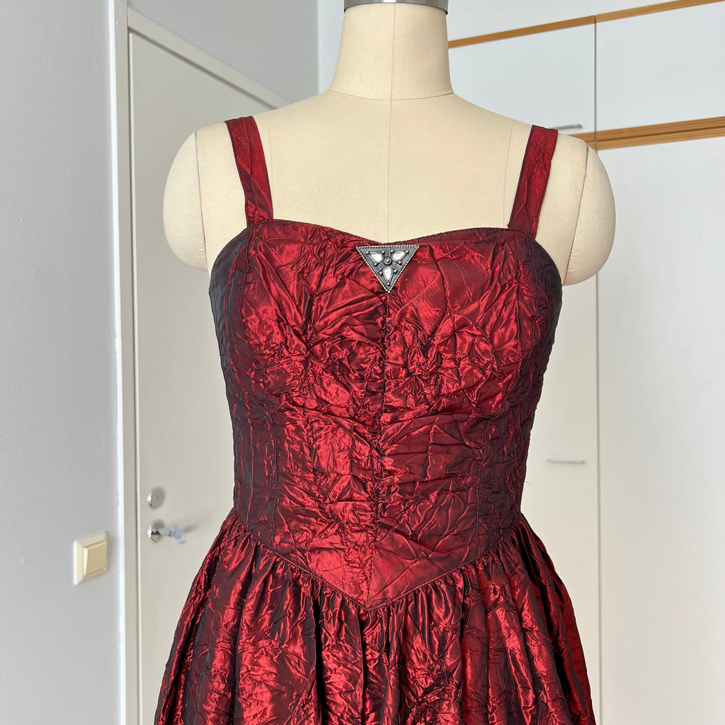 1980s RADAR Red Metallic Prom Dress-Whimsygoth Taffetta Party Dress EU 38