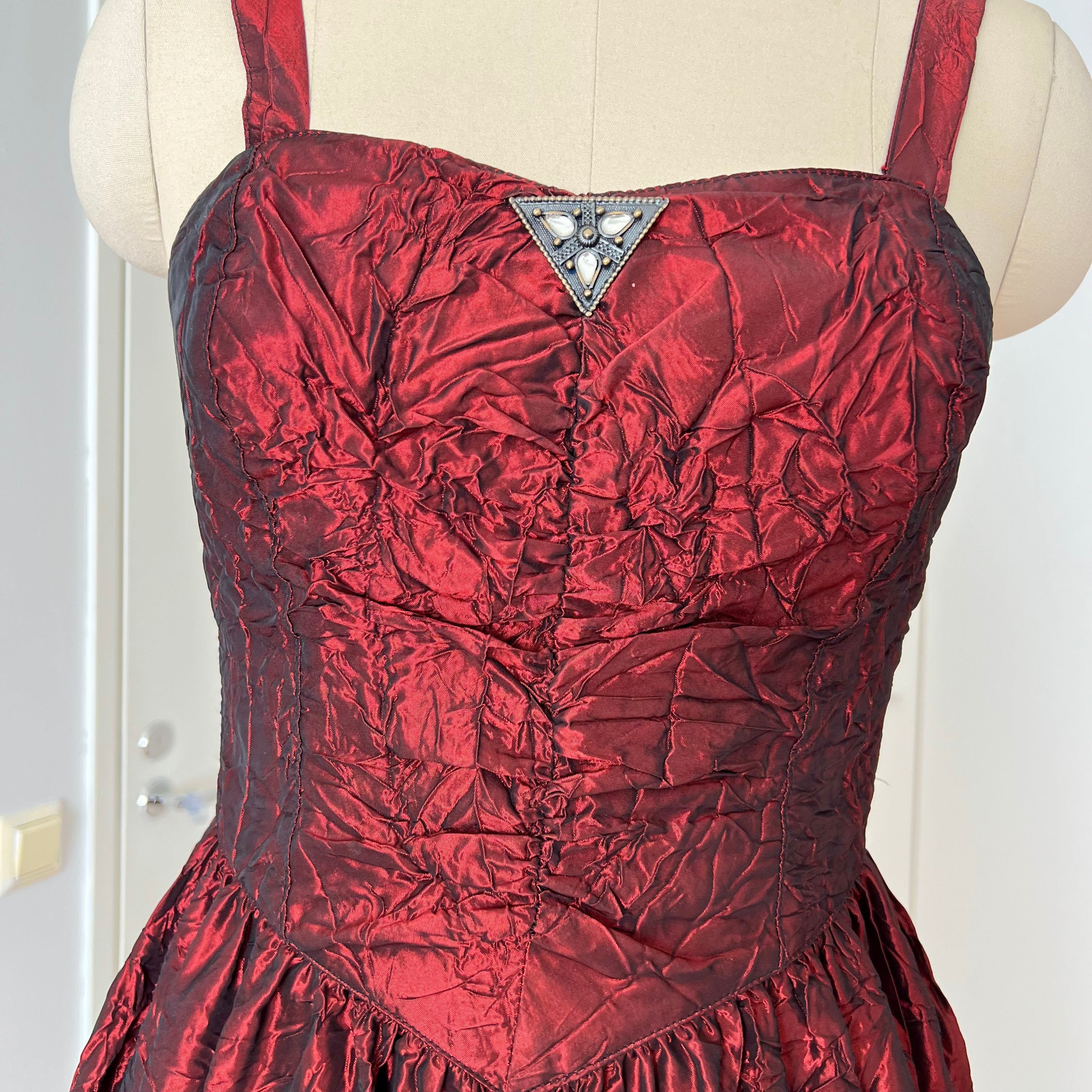 1980s RADAR Red Metallic Prom Dress-Whimsygoth Taffetta Party Dress EU 38