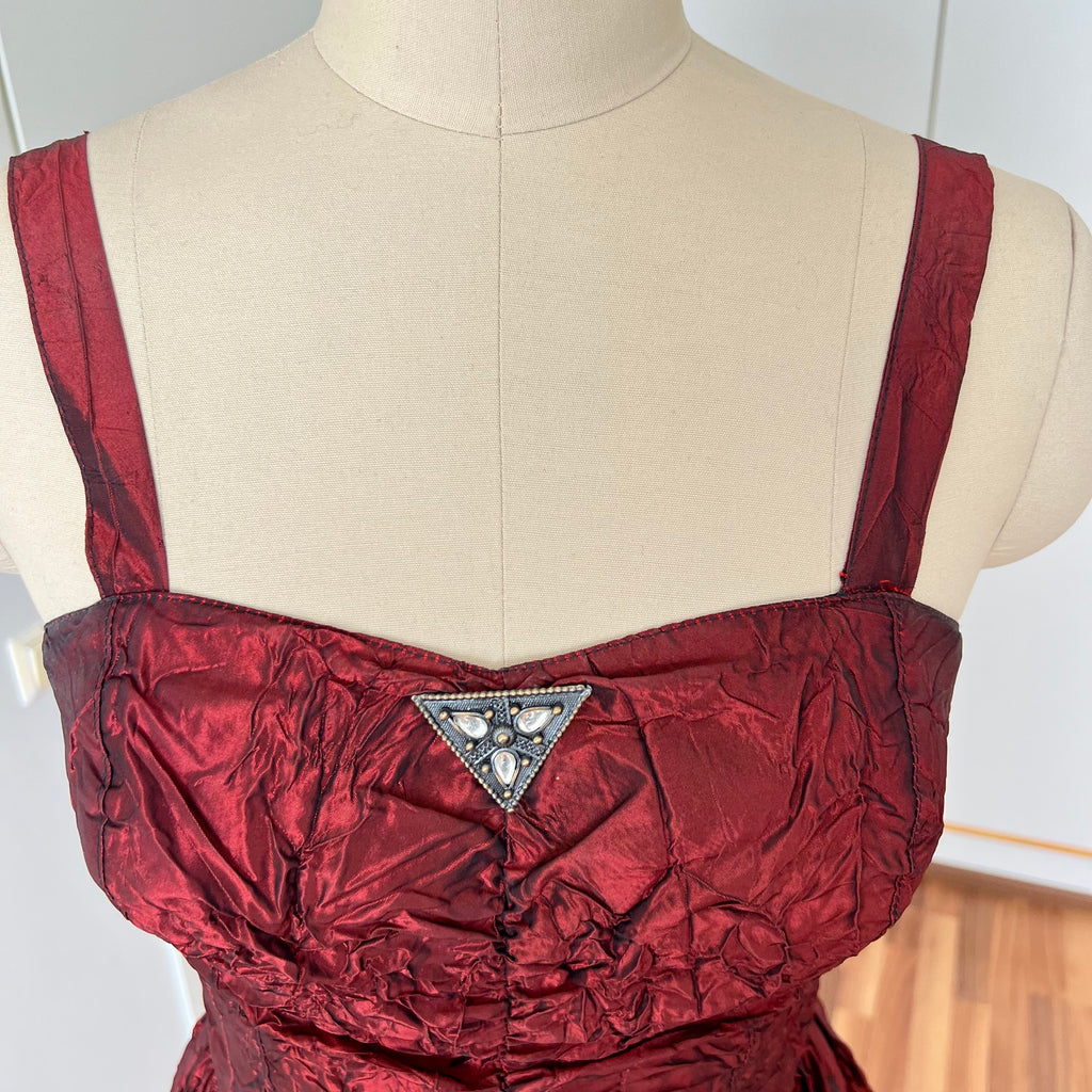 1980s RADAR Red Metallic Prom Dress-Whimsygoth Taffetta Party Dress EU 38