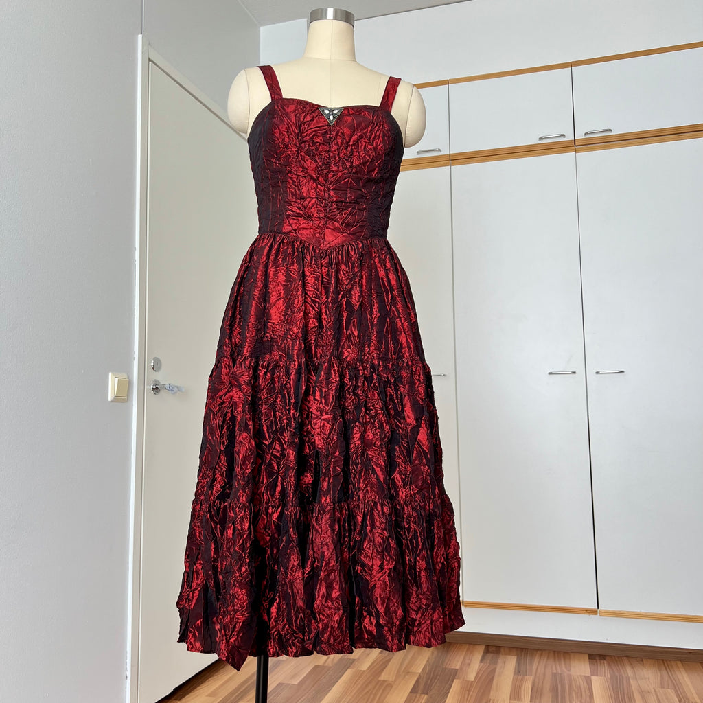 1980s RADAR Red Metallic Prom Dress-Whimsygoth Taffetta Party Dress EU 38