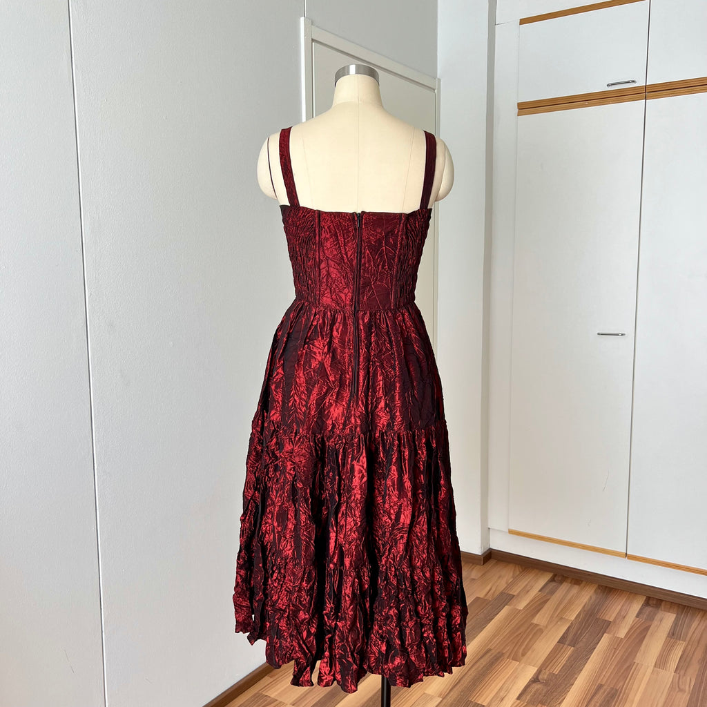 1980s RADAR Red Metallic Prom Dress-Whimsygoth Taffetta Party Dress EU 38