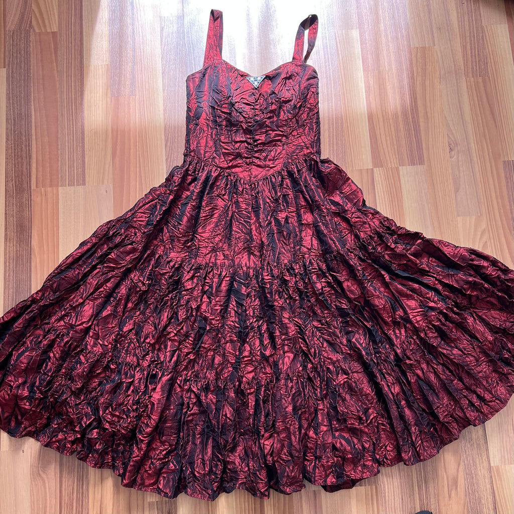 1980s RADAR Red Metallic Prom Dress-Whimsygoth Taffetta Party Dress EU 38