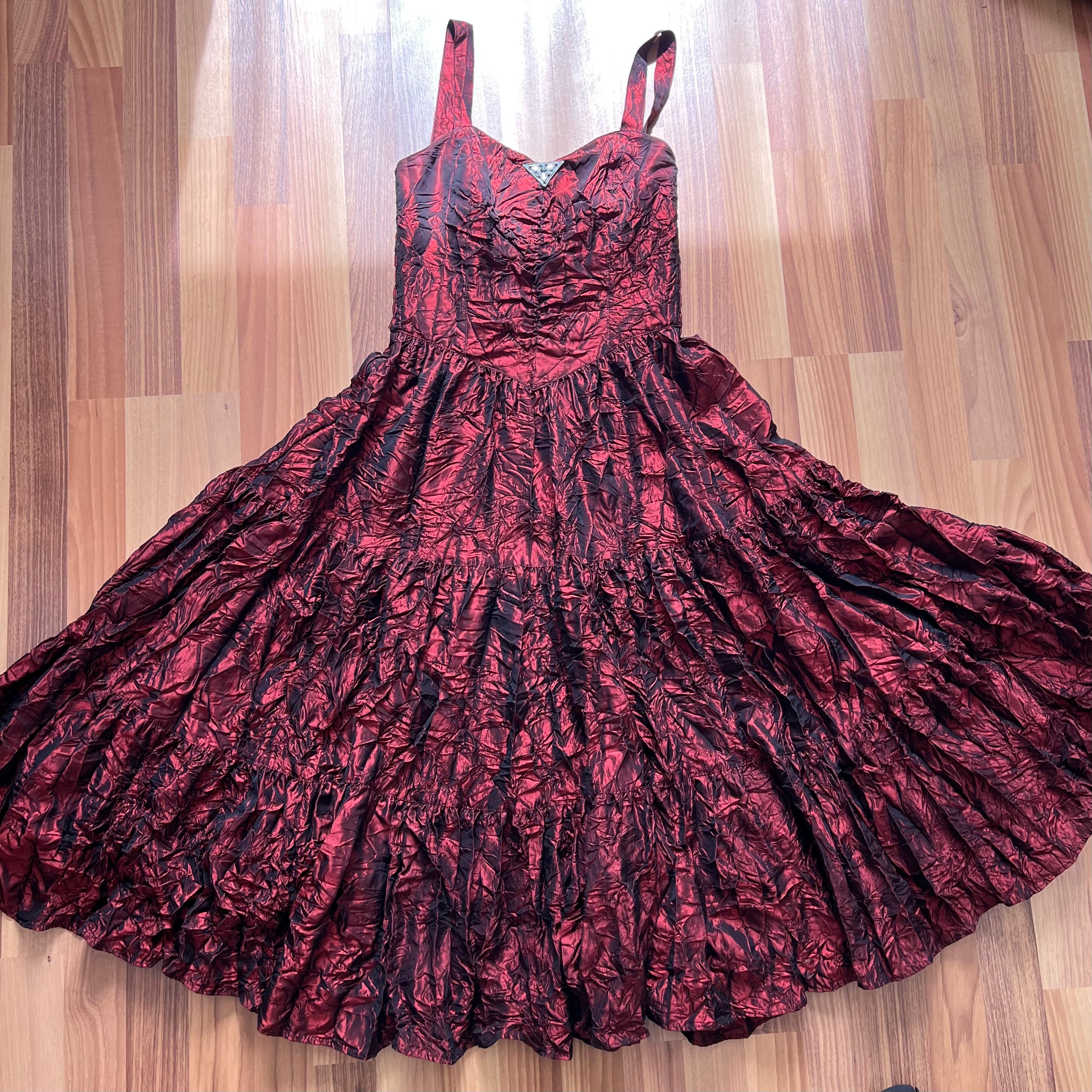 1980s RADAR Red Metallic Prom Dress-Whimsygoth Taffetta Party Dress EU 38