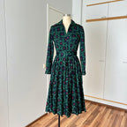 1970s Equestrian Pleated Midi Dress-Long Sleeves Belted Day Dress EU 38