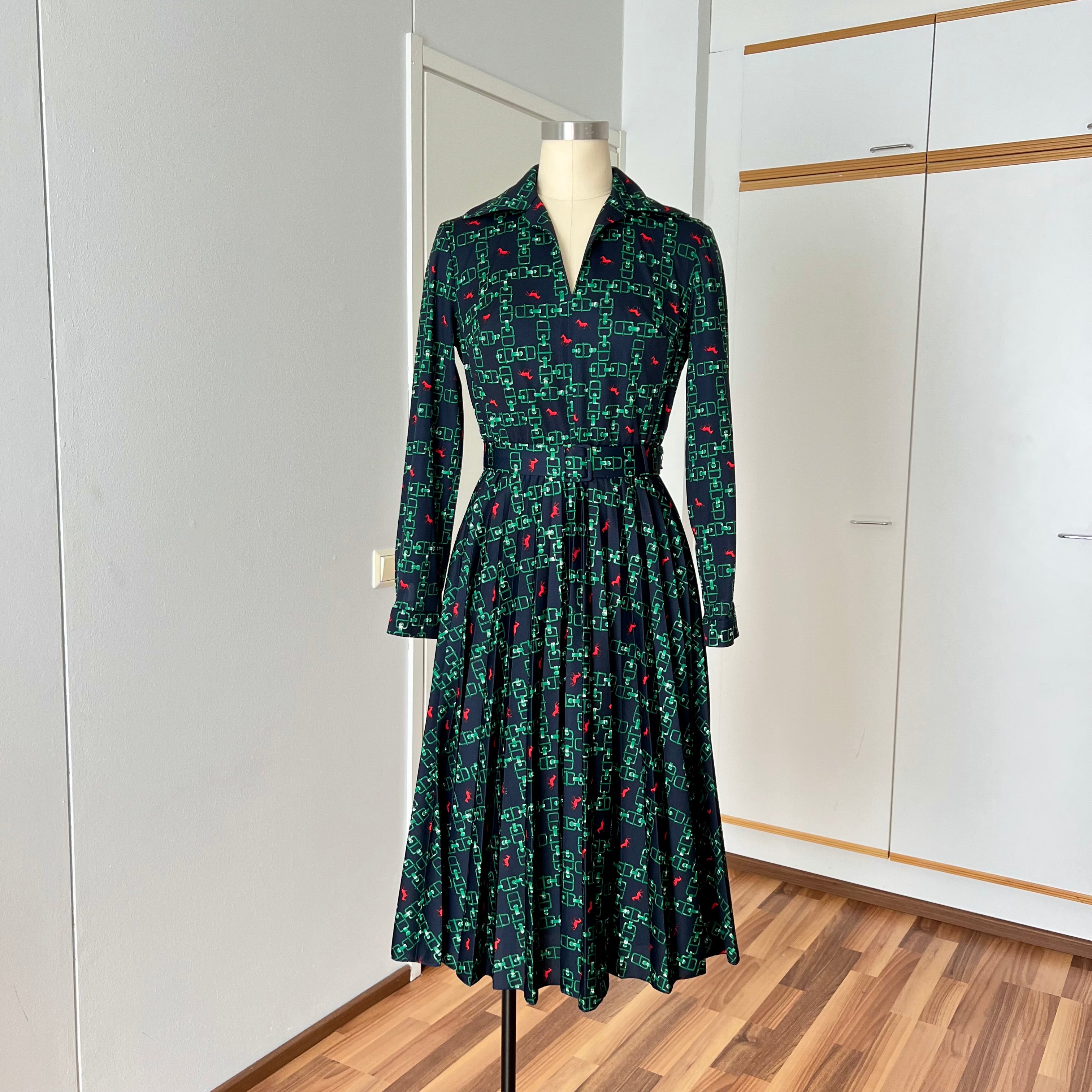 1970s Equestrian Pleated Midi Dress-Long Sleeves Belted Day Dress EU 38