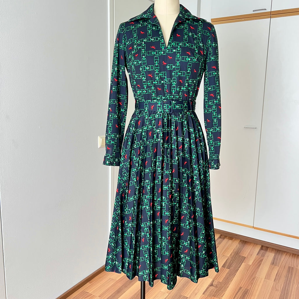 1970s Equestrian Pleated Midi Dress-Long Sleeves Belted Day Dress EU 38