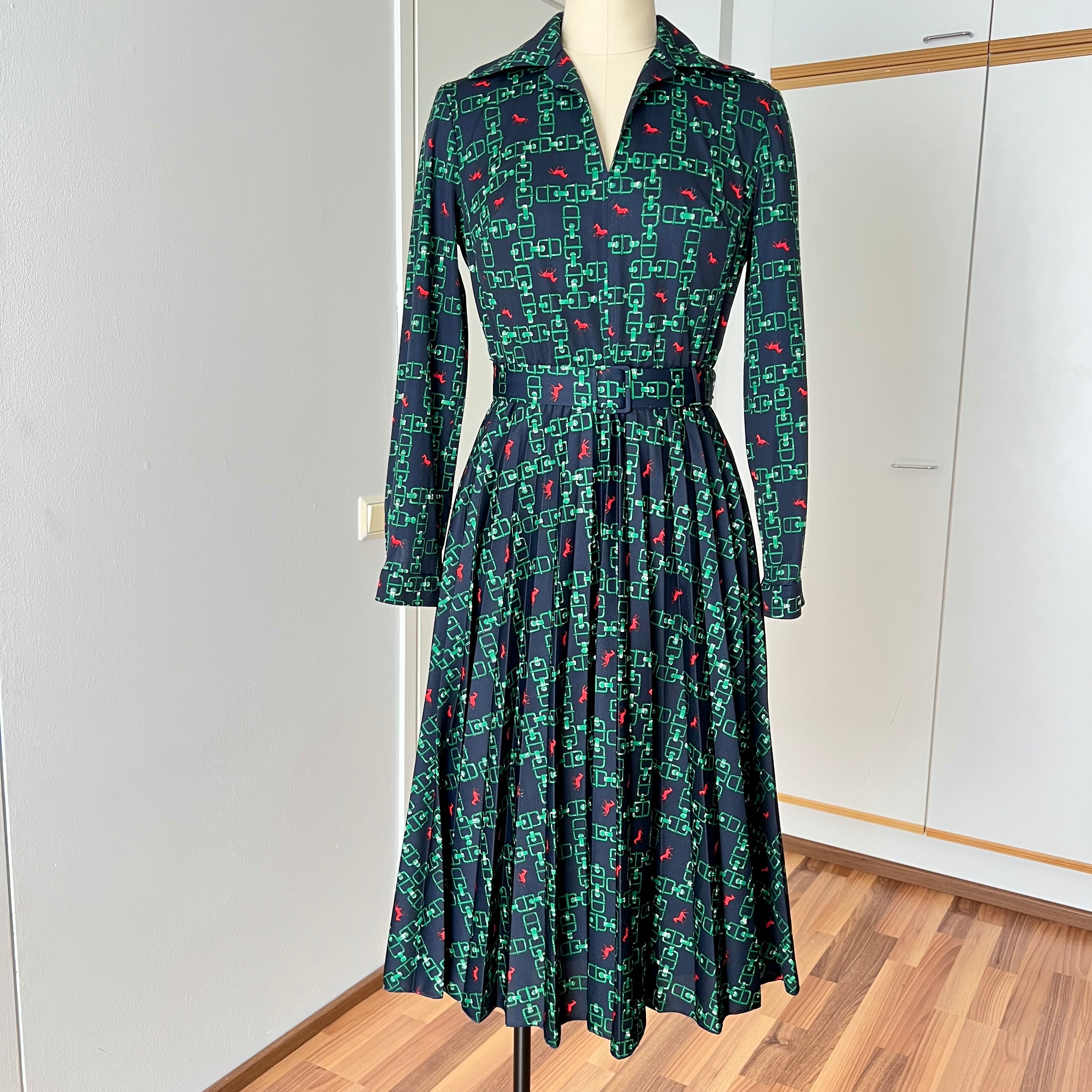 1970s Equestrian Pleated Midi Dress-Long Sleeves Belted Day Dress EU 38