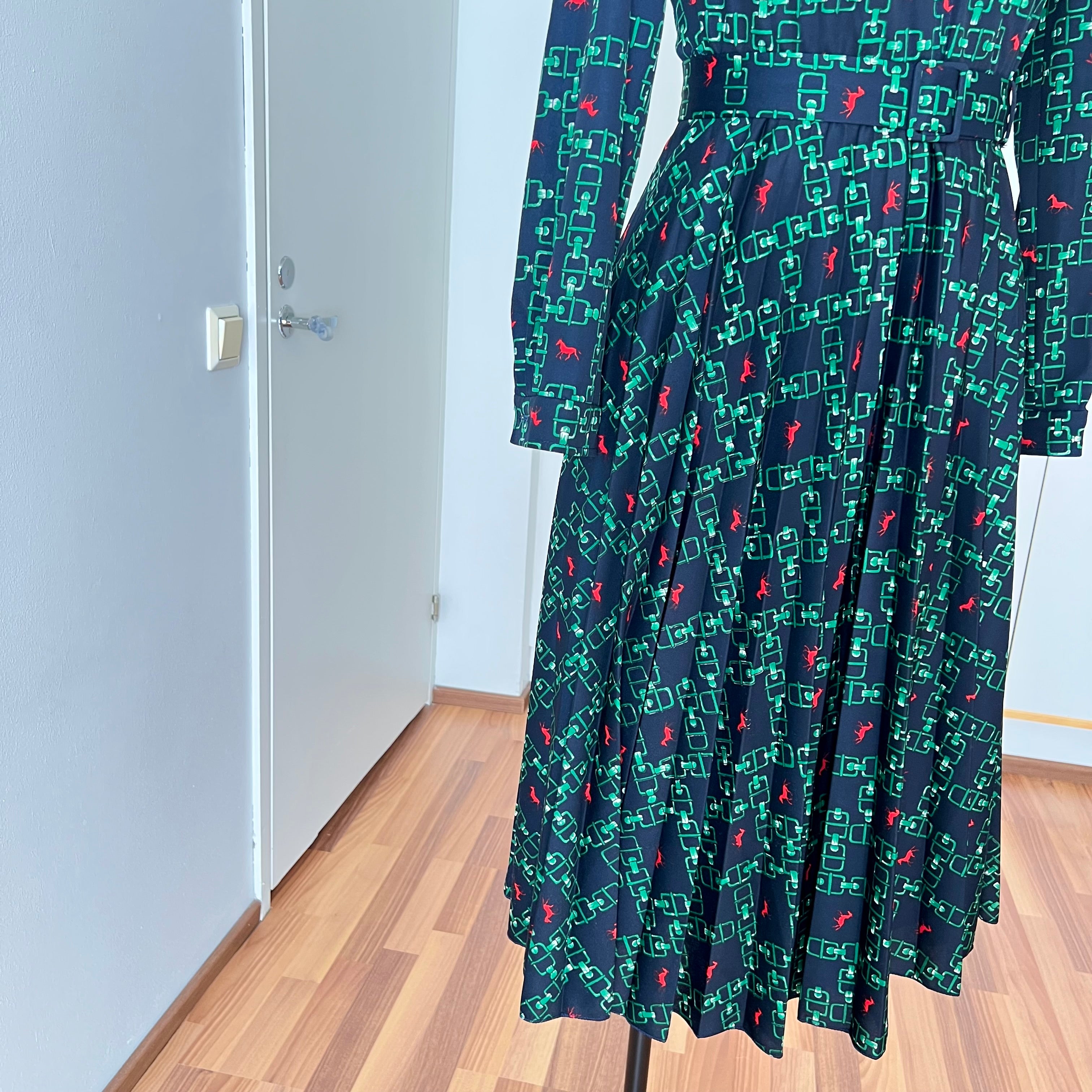 1970s Equestrian Pleated Midi Dress-Long Sleeves Belted Day Dress EU 38