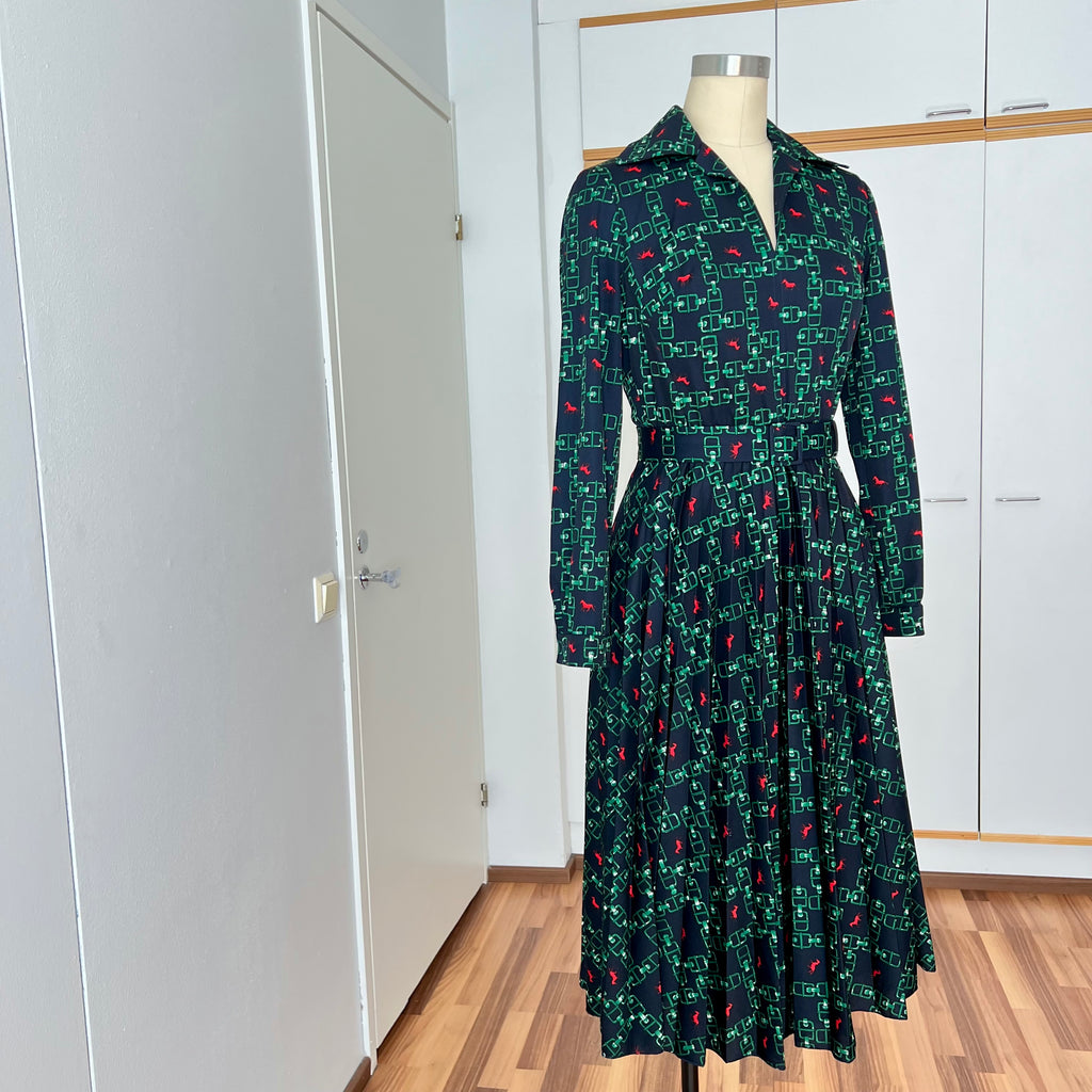 1970s Equestrian Pleated Midi Dress-Long Sleeves Belted Day Dress EU 38
