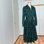 1970s Equestrian Pleated Midi Dress-Long Sleeves Belted Day Dress EU 38