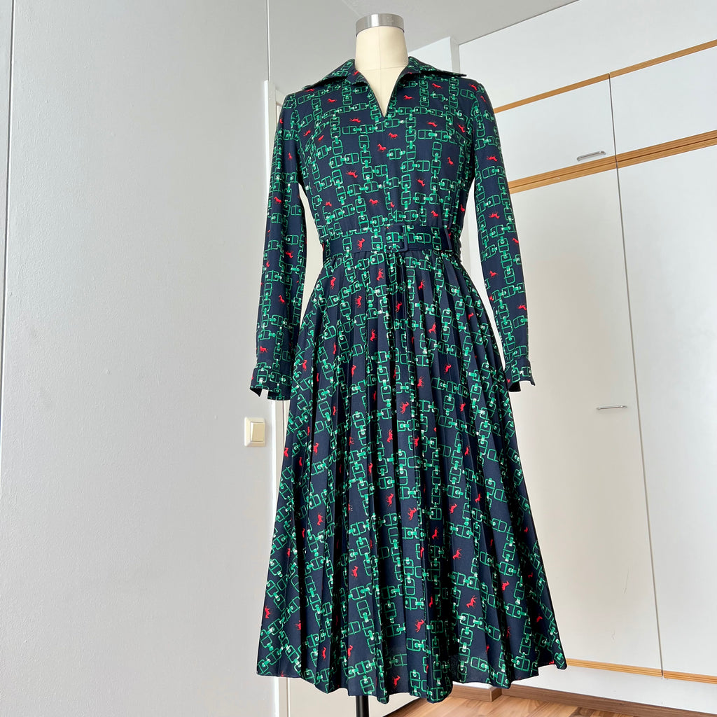 1970s Equestrian Pleated Midi Dress-Long Sleeves Belted Day Dress-