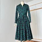 1970s Equestrian Pleated Midi Dress-Long Sleeves Belted Day Dress-