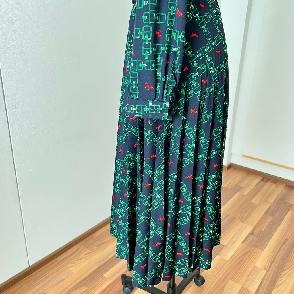 1970s Equestrian Pleated Midi Dress-Long Sleeves Belted Day Dress EU 38