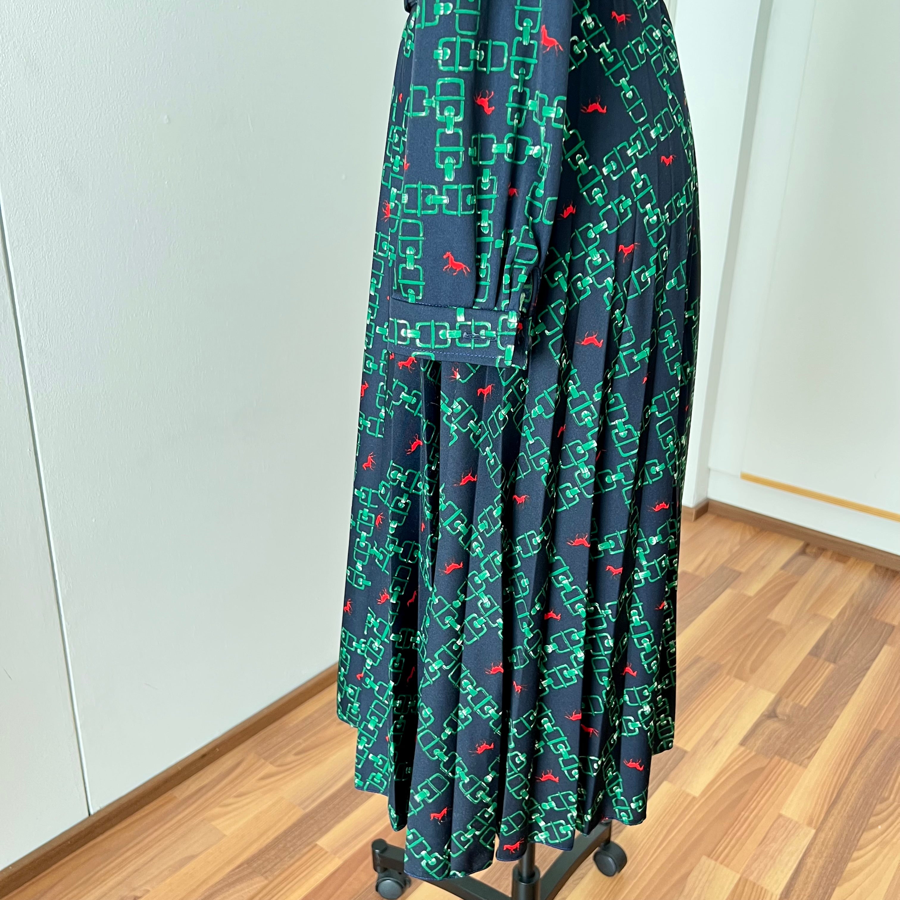 1970s Equestrian Pleated Midi Dress-Long Sleeves Belted Day Dress EU 38