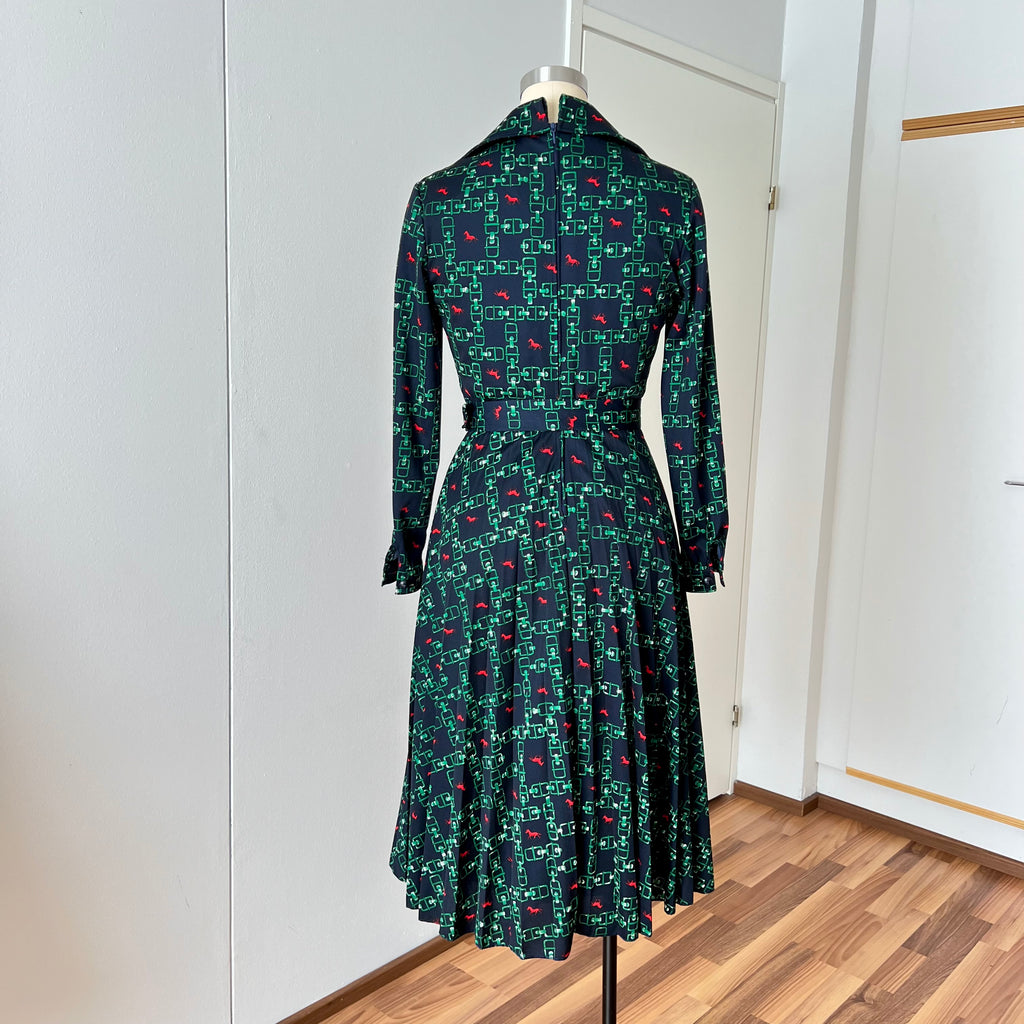 1970s Equestrian Pleated Midi Dress-Long Sleeves Belted Day Dress EU 38