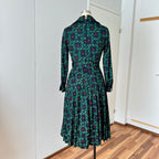 1970s Equestrian Pleated Midi Dress-Long Sleeves Belted Day Dress EU 38