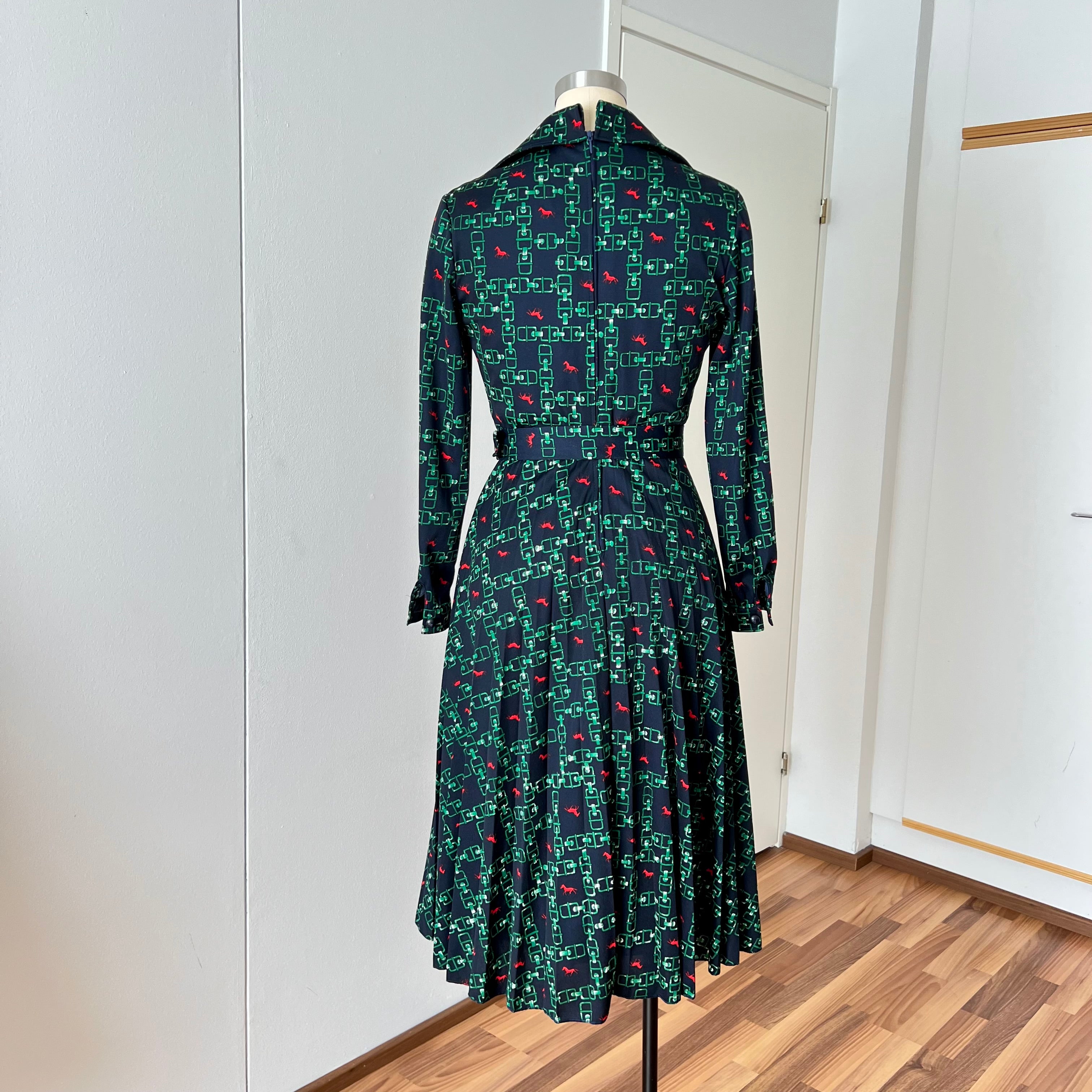 1970s Equestrian Pleated Midi Dress-Long Sleeves Belted Day Dress EU 38