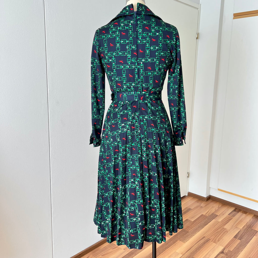 1970s Equestrian Pleated Midi Dress-Long Sleeves Belted Day Dress EU 38