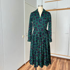 1970s Equestrian Pleated Midi Dress-Long Sleeves Belted Day Dress EU 38