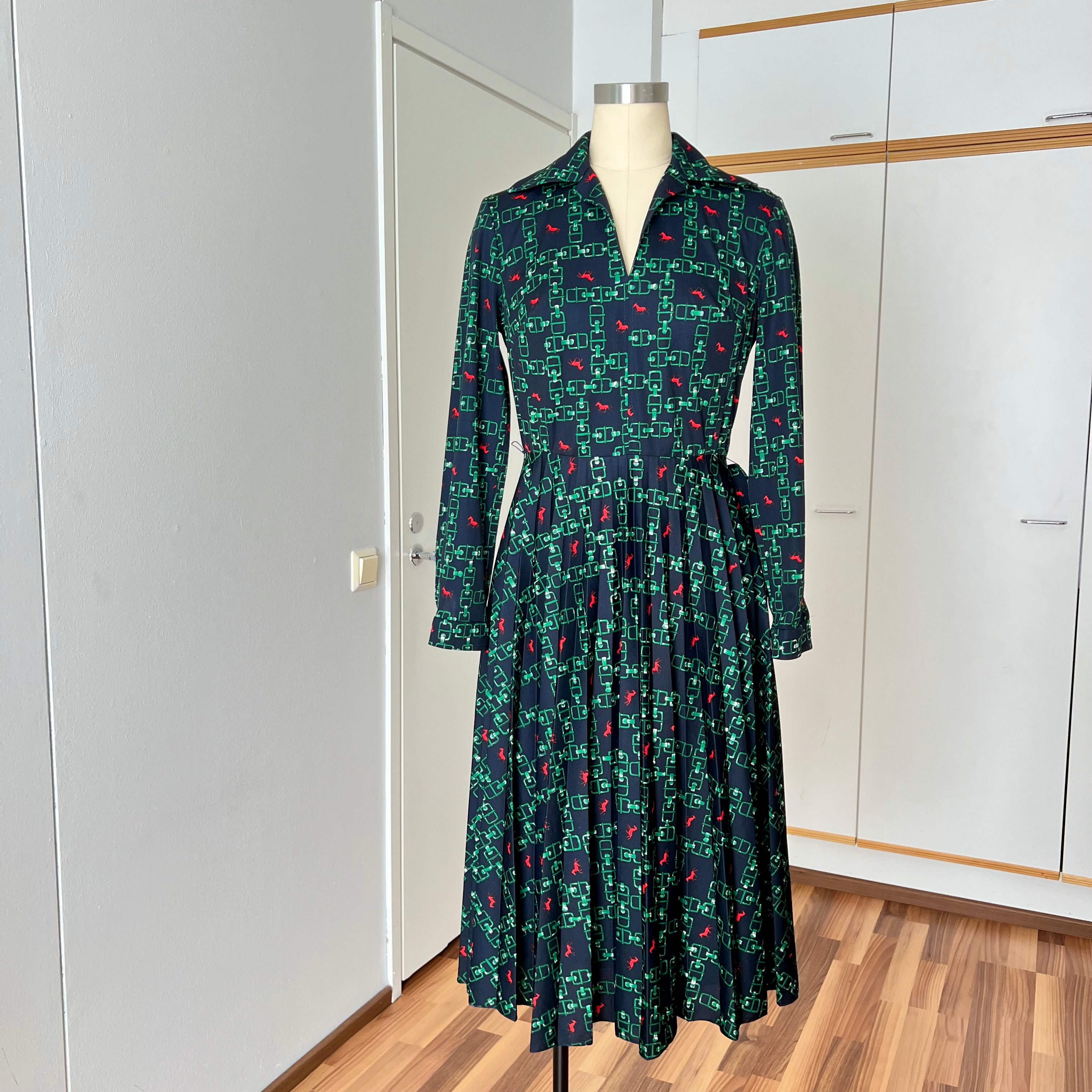 1970s Equestrian Pleated Midi Dress-Long Sleeves Belted Day Dress EU 38