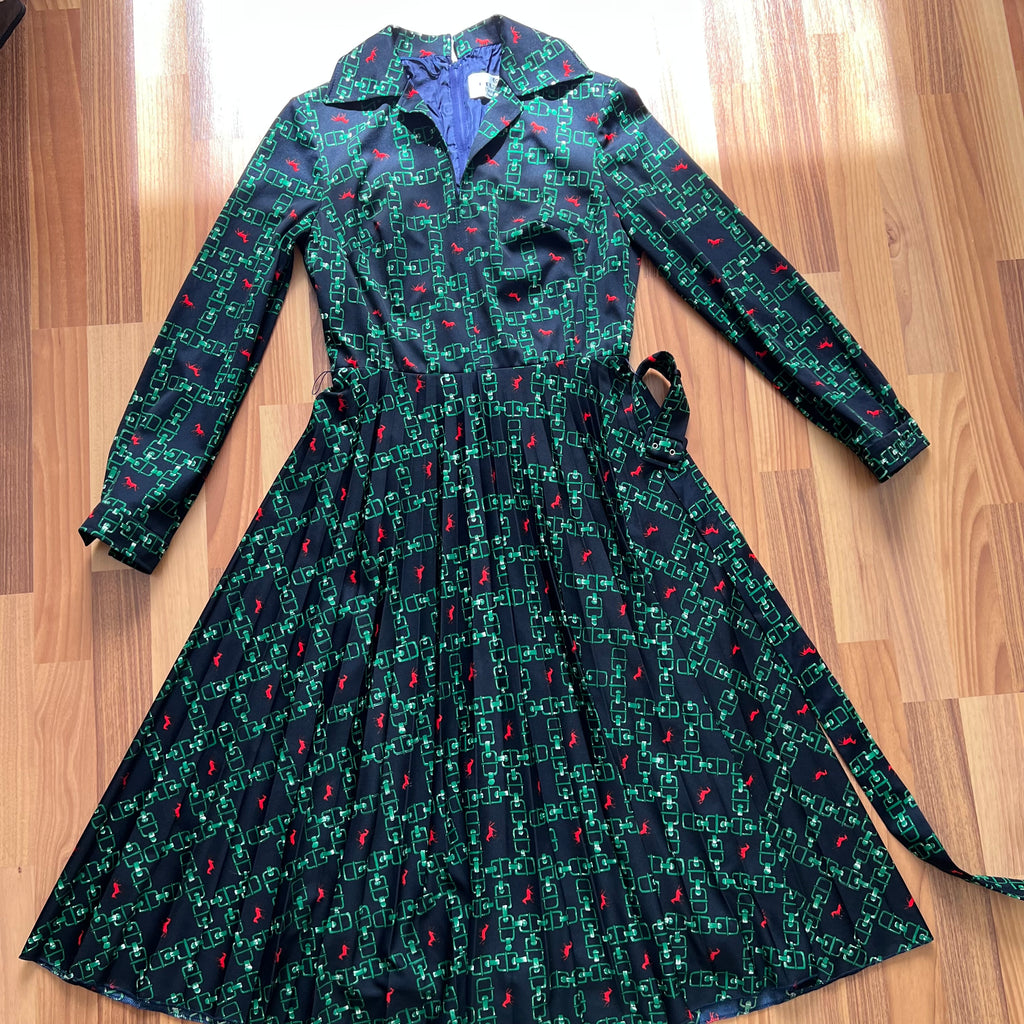 1970s Equestrian Pleated Midi Dress-Long Sleeves Belted Day Dress EU 38