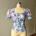 Charlotte Floral Puff Sleeves Blouse| Handmade Romantic Bavarian Corset Top| Button Front Linen Blend Trachten Bodice| Cottagecore Folk Top