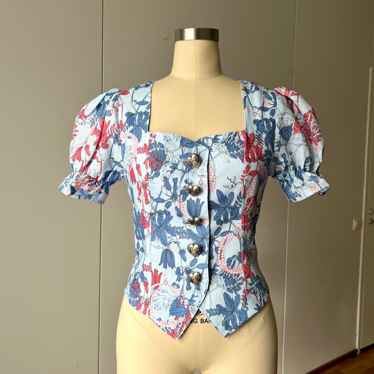Charlotte Floral Puff Sleeves Blouse| Handmade Romantic Bavarian Corset Top| Button Front Linen Blend Trachten Bodice| Cottagecore Folk Top