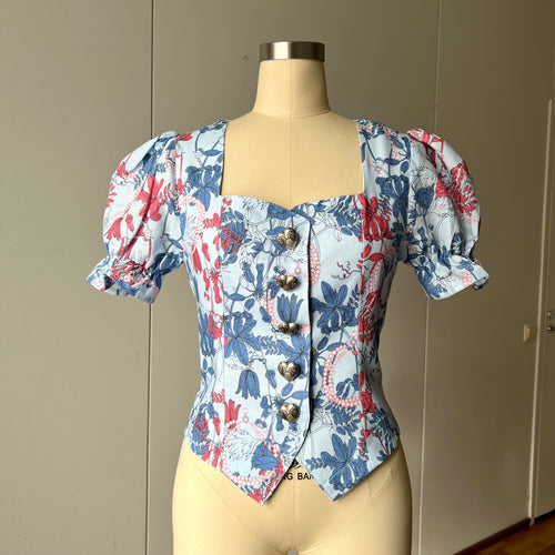 Charlotte Floral Puff Sleeves Blouse| Handmade Romantic Bavarian Corset Top| Button Front Linen Blend Trachten Bodice| Cottagecore Folk Top