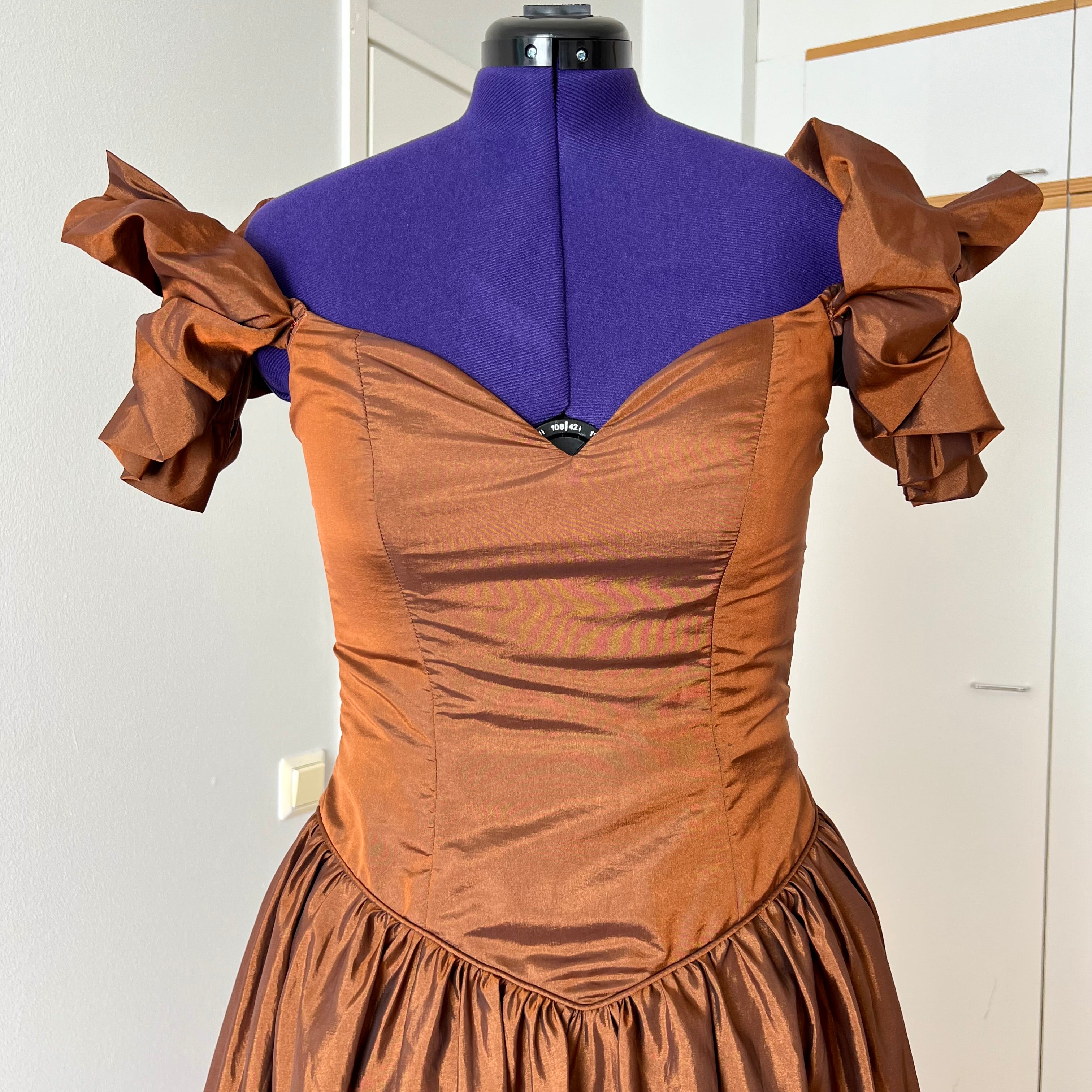 1980s JOHN CHARLES Metallic Gown-Off Shoulder Basque Waist Cocktail Dress