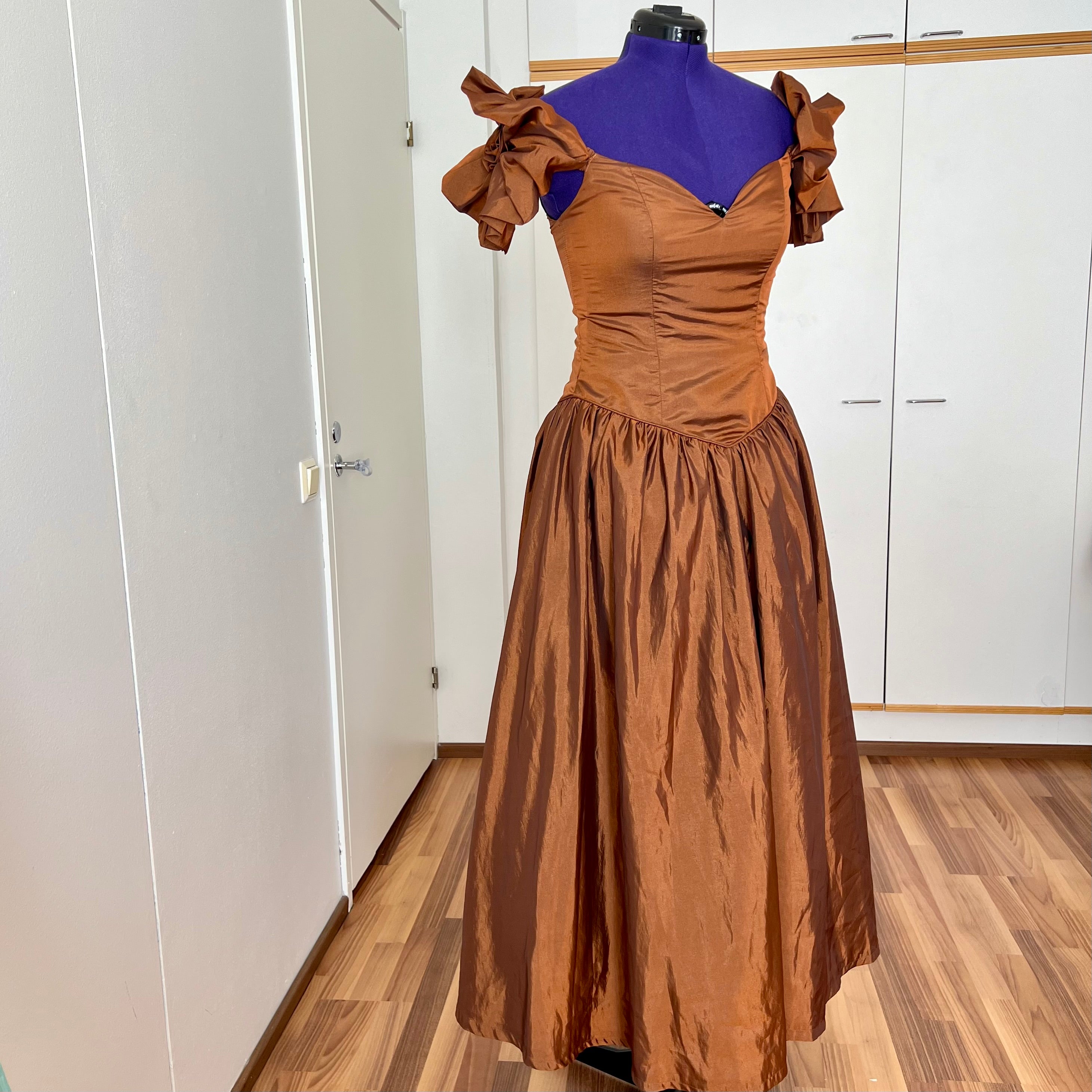 1980s JOHN CHARLES Metallic Gown-Off Shoulder Basque Waist Cocktail Dress