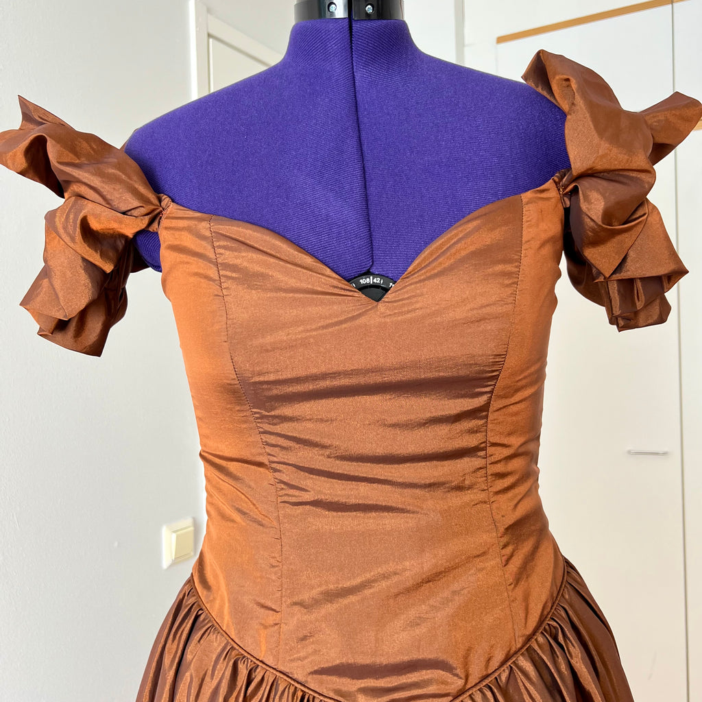1980s JOHN CHARLES Metallic Gown-Off Shoulder Basque Waist Cocktail Dress