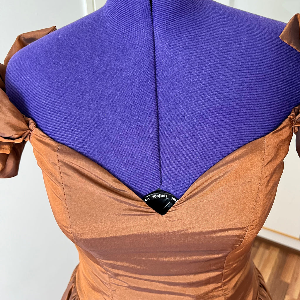 1980s JOHN CHARLES Metallic Gown-Off Shoulder Basque Waist Cocktail Dress