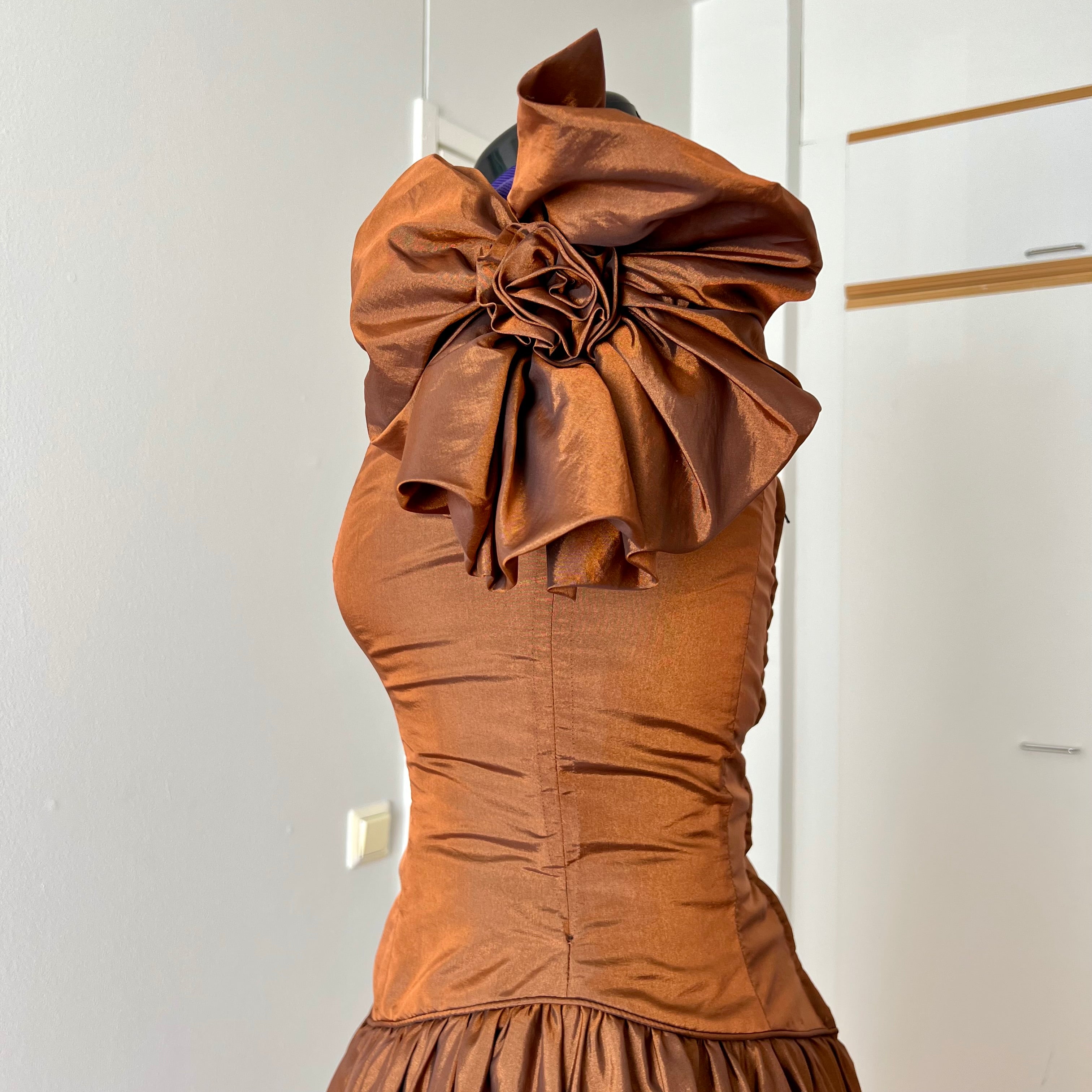 1980s JOHN CHARLES Metallic Gown-Off Shoulder Basque Waist Cocktail Dress