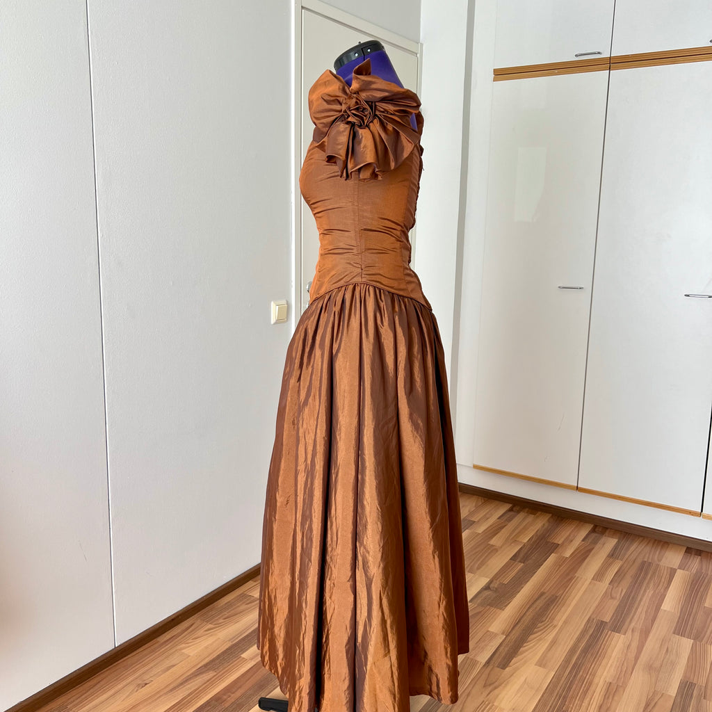 1980s JOHN CHARLES Metallic Gown-Off Shoulder Basque Waist Cocktail Dress