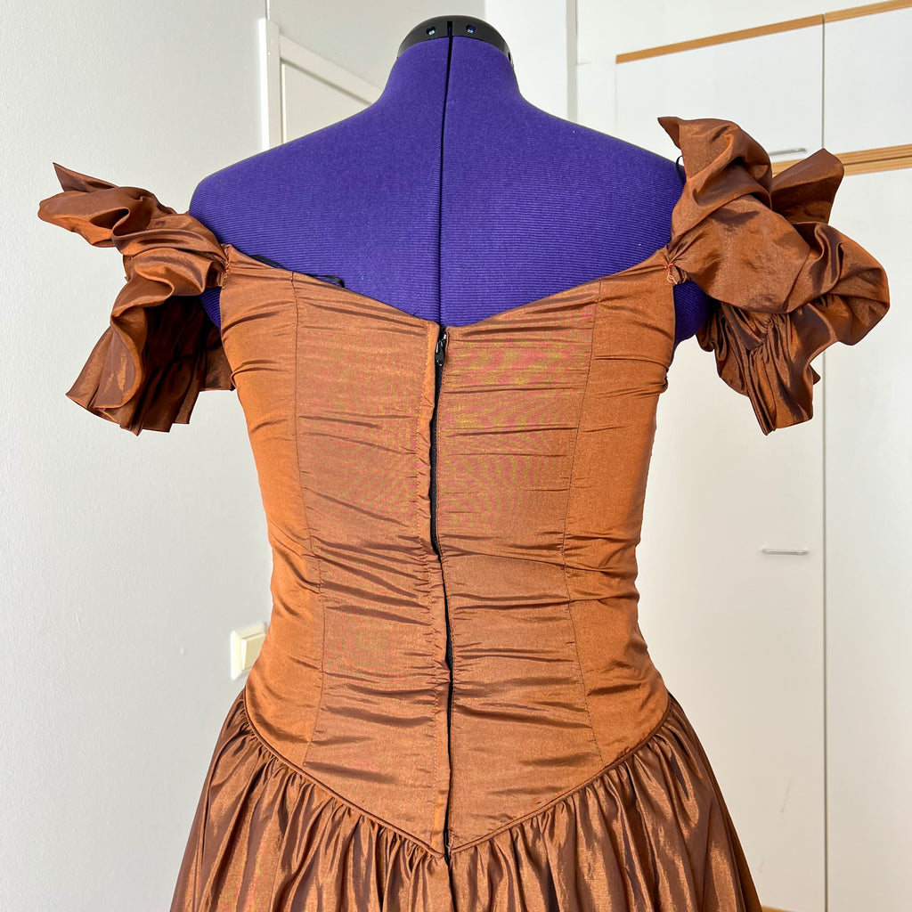 1980s JOHN CHARLES Metallic Gown-Off Shoulder Basque Waist Cocktail Dress