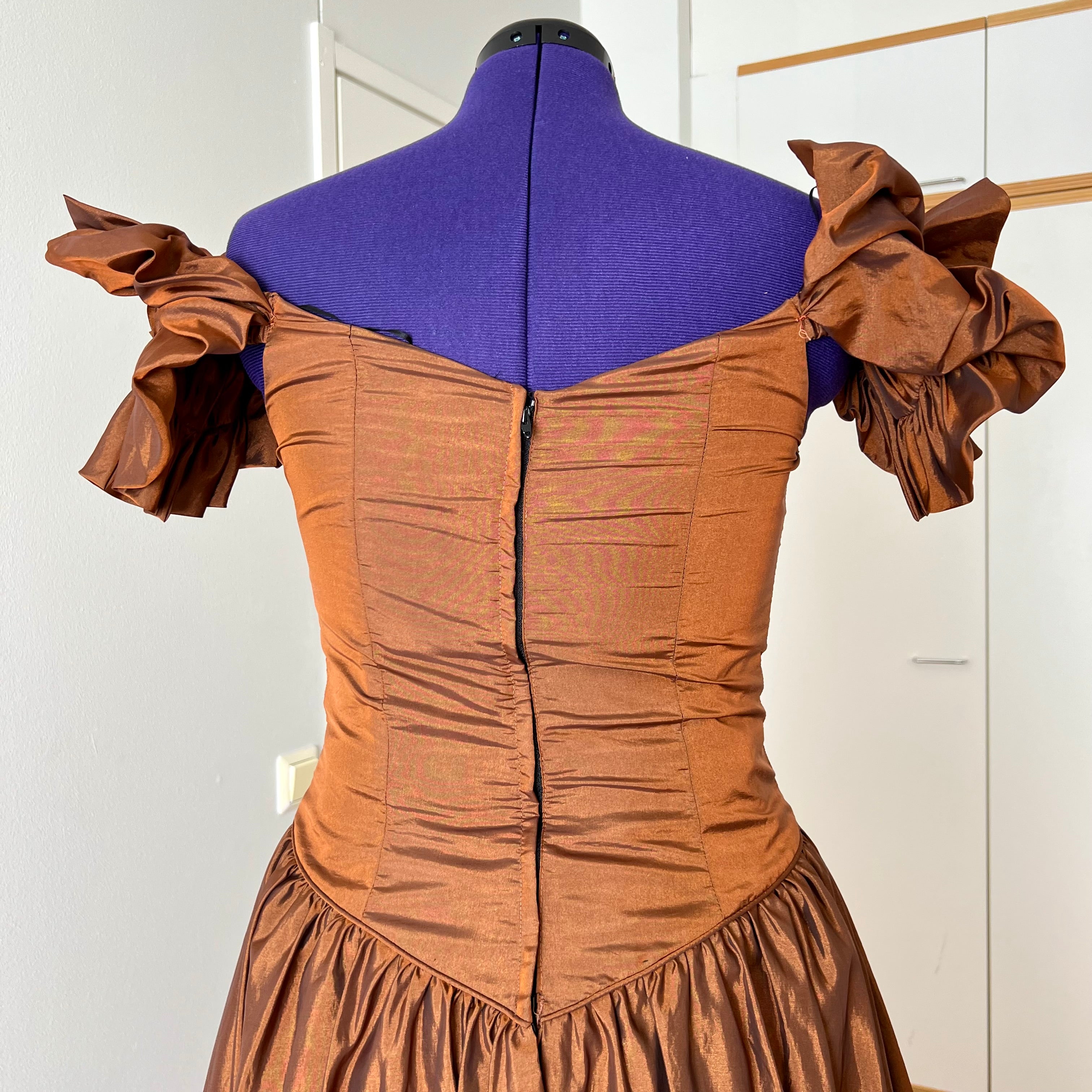 1980s JOHN CHARLES Metallic Gown-Off Shoulder Basque Waist Cocktail Dress