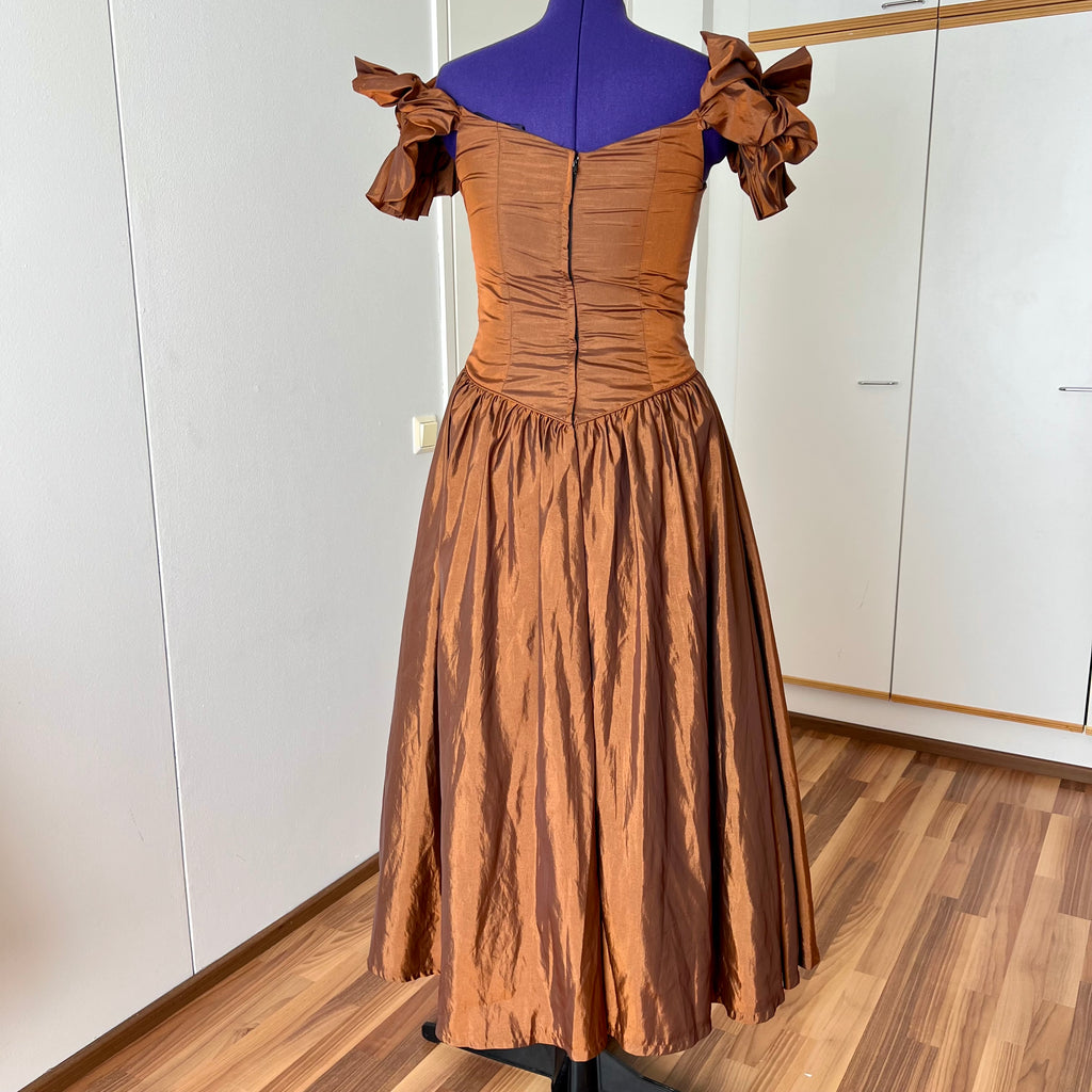 1980s JOHN CHARLES Metallic Gown-Off Shoulder Basque Waist Cocktail Dress