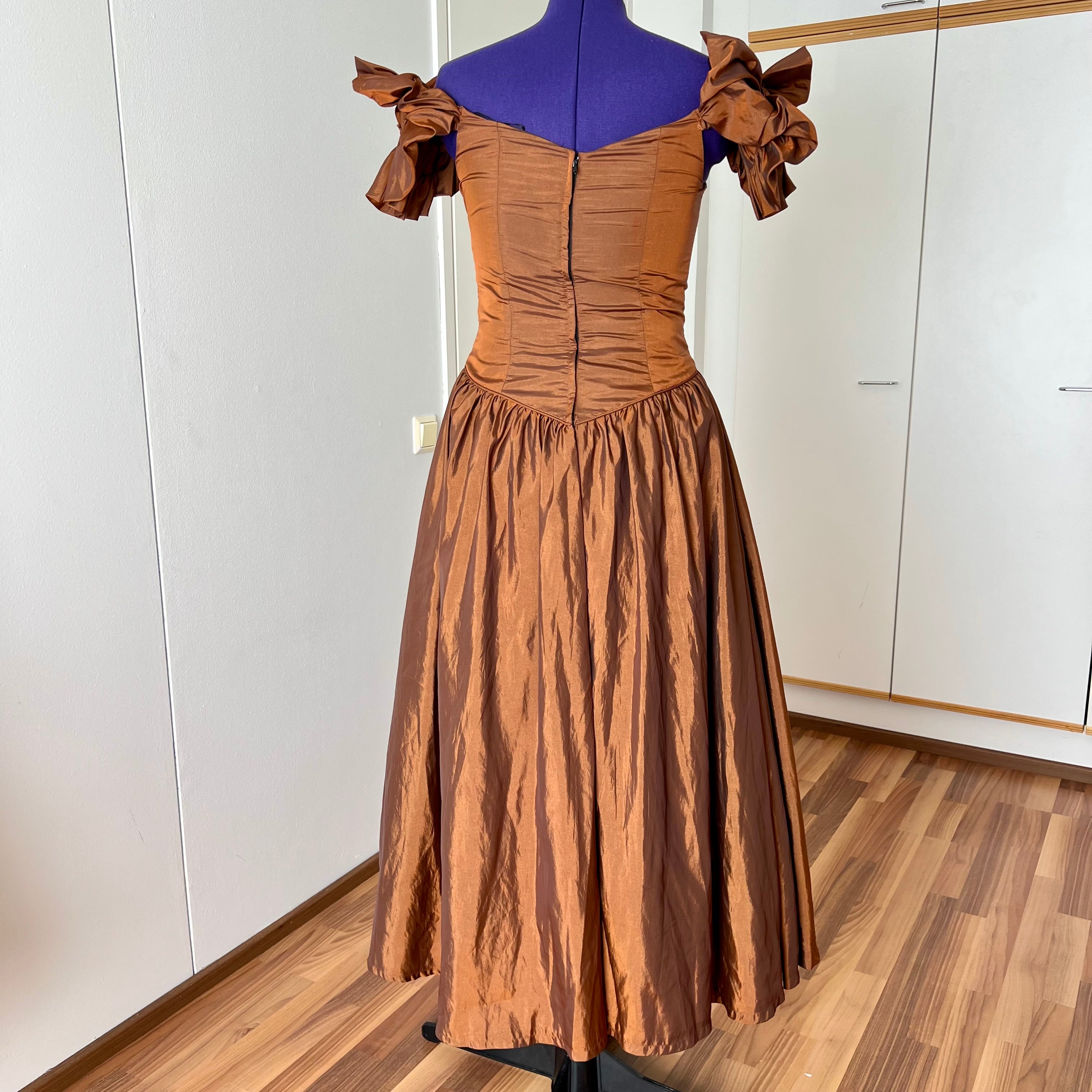 1980s JOHN CHARLES Metallic Gown-Off Shoulder Basque Waist Cocktail Dress