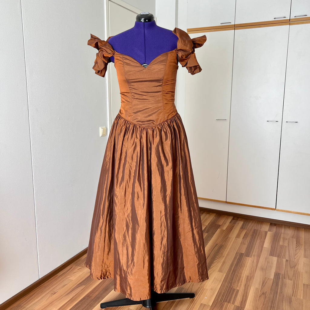 1980s JOHN CHARLES Metallic Gown-Off Shoulder Basque Waist Cocktail Dress