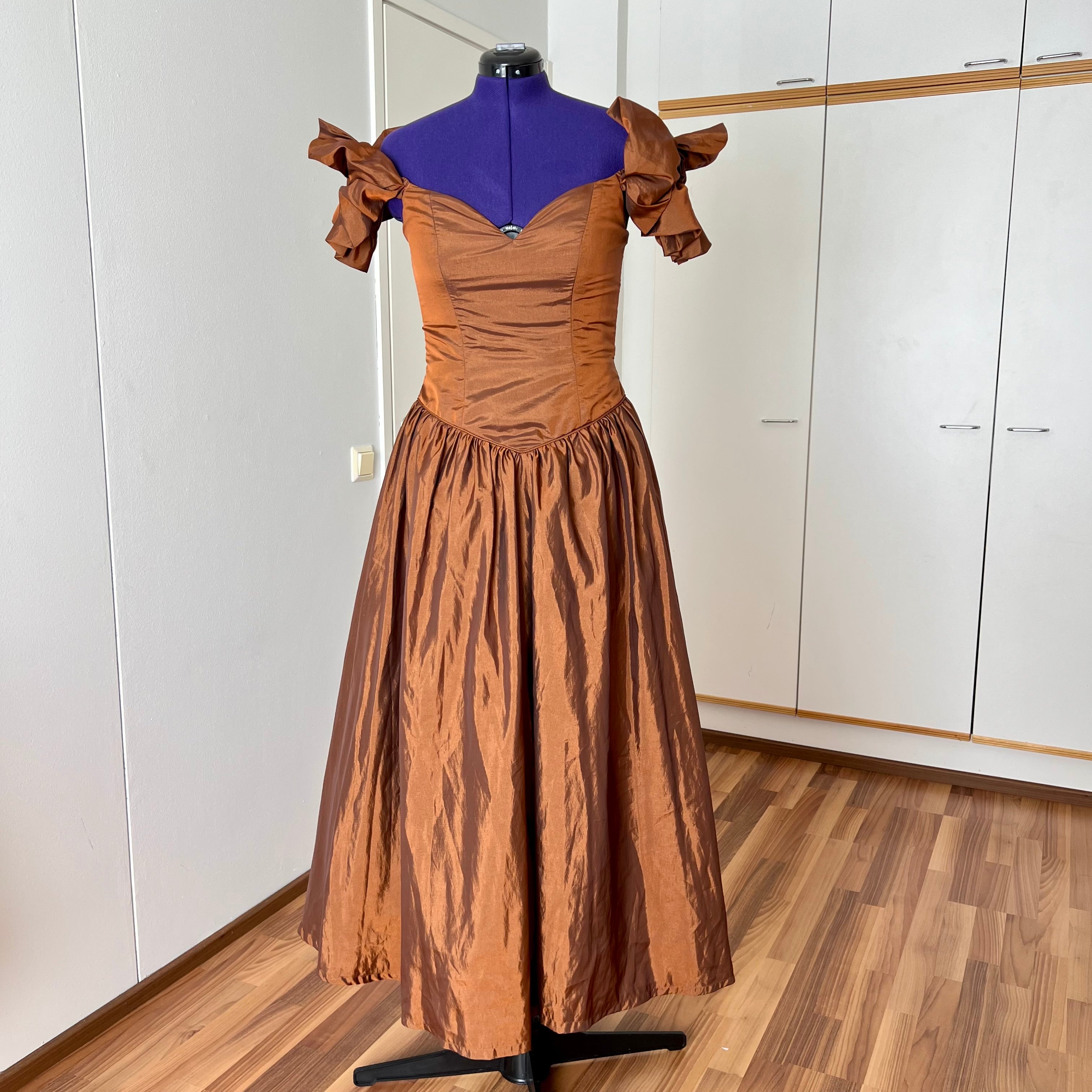1980s JOHN CHARLES Metallic Gown-Off Shoulder Basque Waist Cocktail Dress