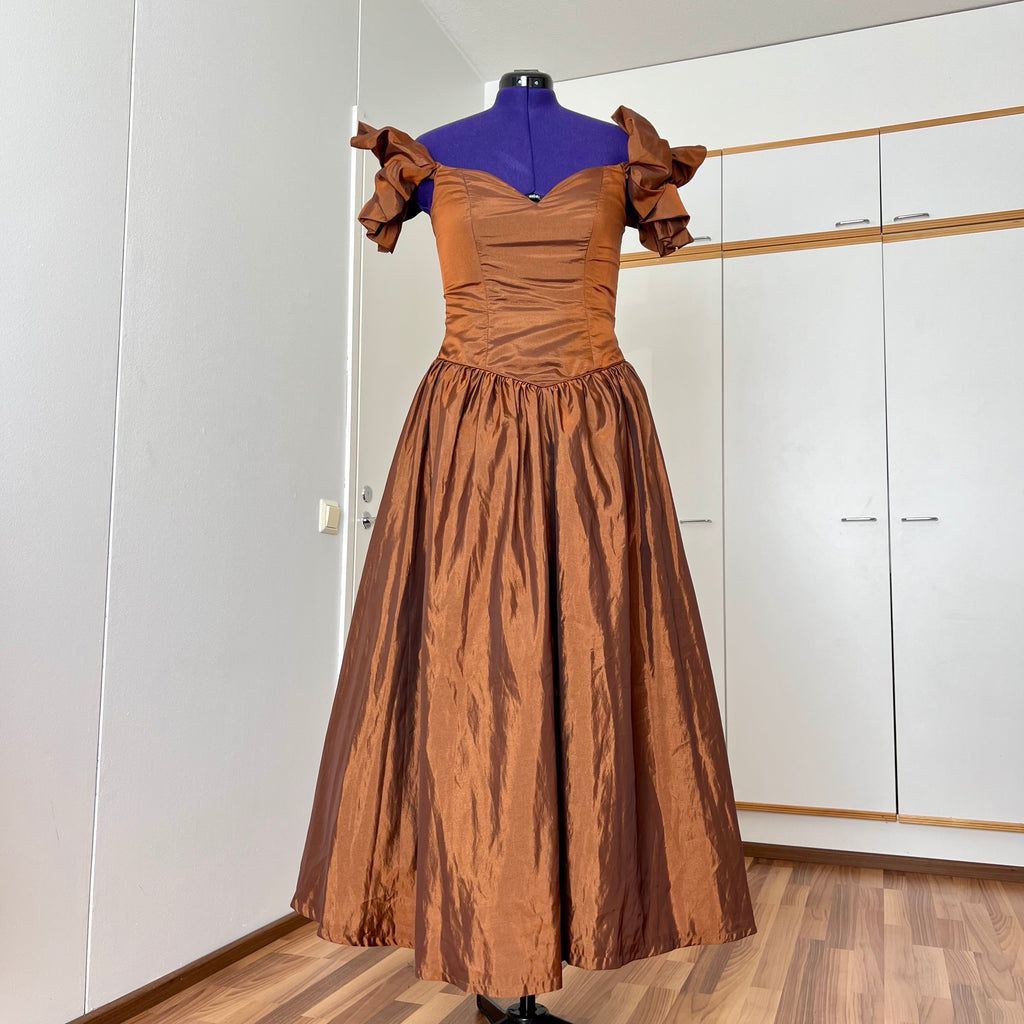 1980s JOHN CHARLES Metallic Gown-Off Shoulder Basque Waist Cocktail Dress