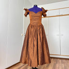 1980s JOHN CHARLES Metallic Gown-Off Shoulder Basque Waist Cocktail Dress
