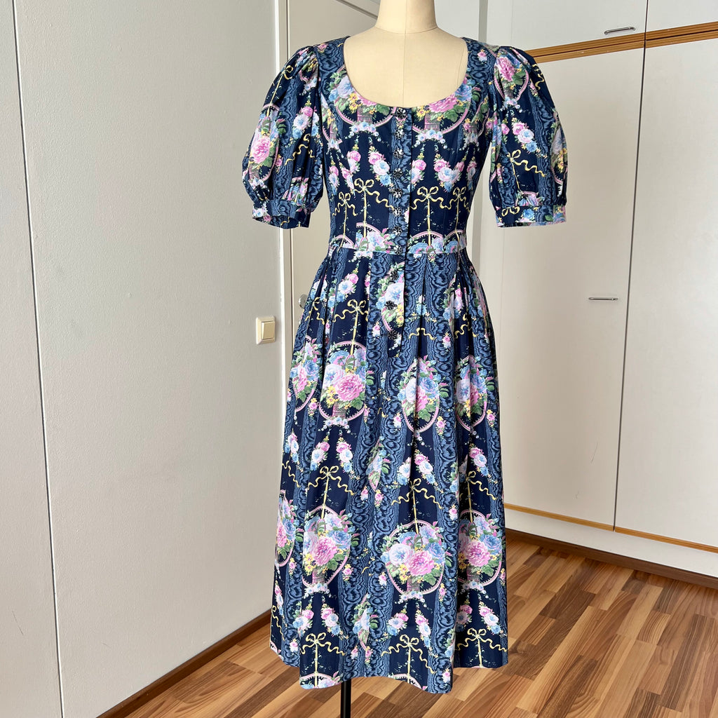 1980s Floral Cotton Trachten Dress SPORTALM-Austrian Folk Puff Sleeves Dirndl Dress