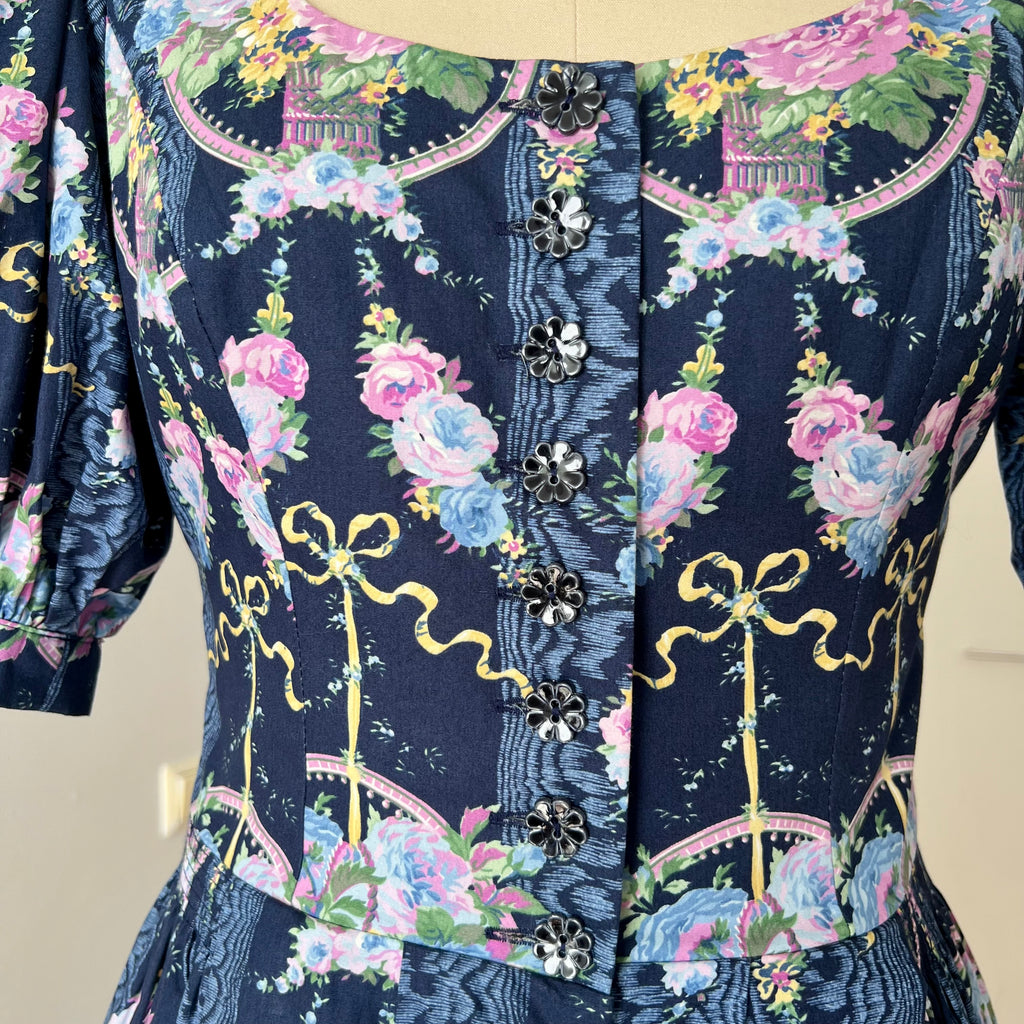 1980s Floral Cotton Trachten Dress SPORTALM-Austrian Folk Puff Sleeves Dirndl Dress