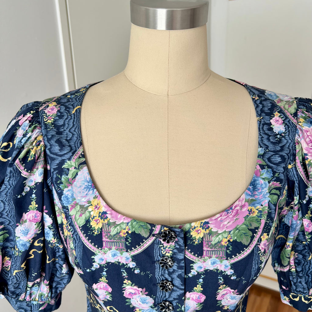 1980s Floral Cotton Trachten Dress SPORTALM-Austrian Folk Puff Sleeves Dirndl Dress